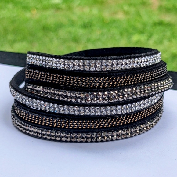 Jewelry - NEW Boho Black Silver Gold Rhinestone Crystal Wrap Bracelet Adjustable